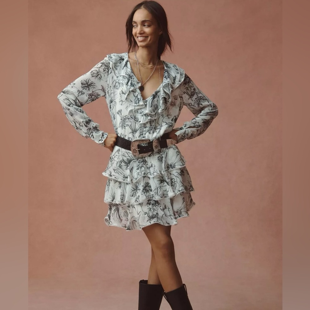 Anthropologie Black and White Floral Long Sleeve Dress